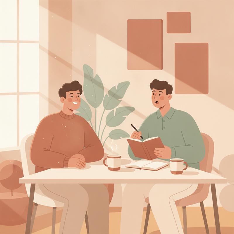 Two colleagues at a table with coffee, one reading back notes from a notebook while the other smiles in agreement