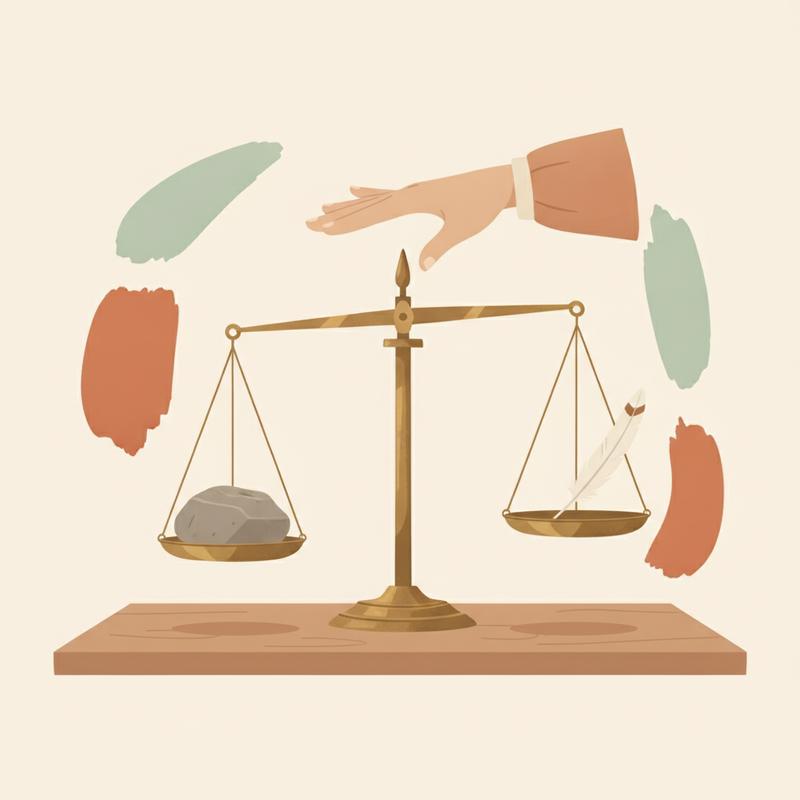 A brass balance scale with a stone on one side and a feather on the other, a hand hovering, ready to let it tip