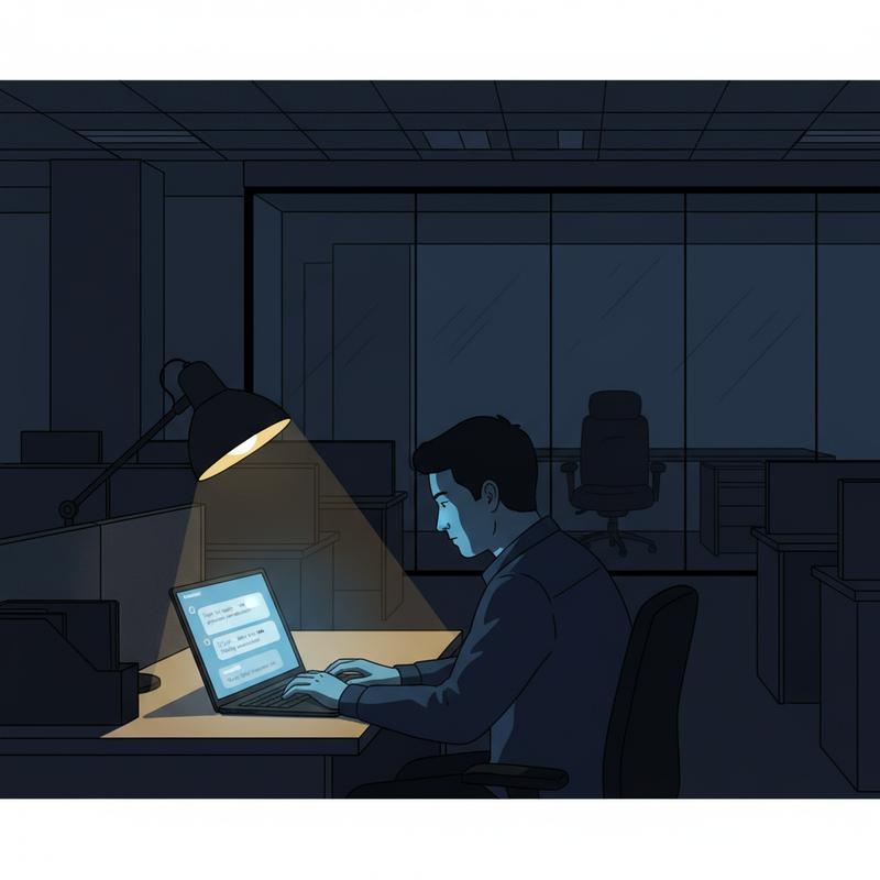An employee alone late at night, talking to an AI chatbot on a laptop while the empty office sits behind them