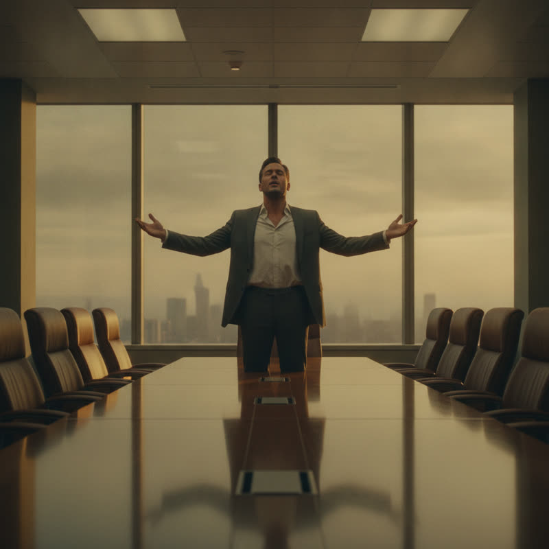 A lone leader stands at the head of an empty boardroom, arms open, speaking to no one