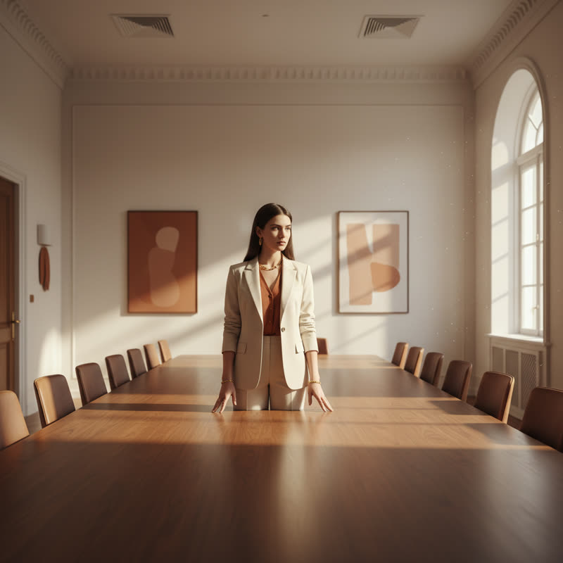 A lone professional standing at the head of an empty boardroom table