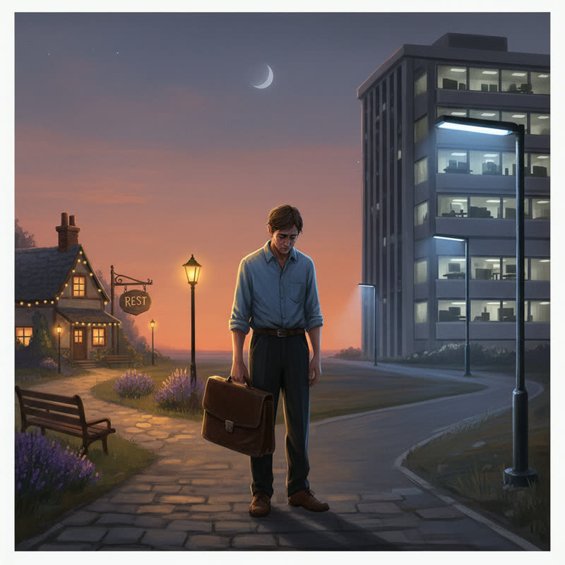 A tired professional standing at a fork in the road at dusk, one path leading toward warm rest, the other toward harsh office lights