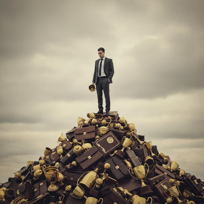 A professional stands alone at the top of a mountain of golden trophies and briefcases, looking down with a hollow expression