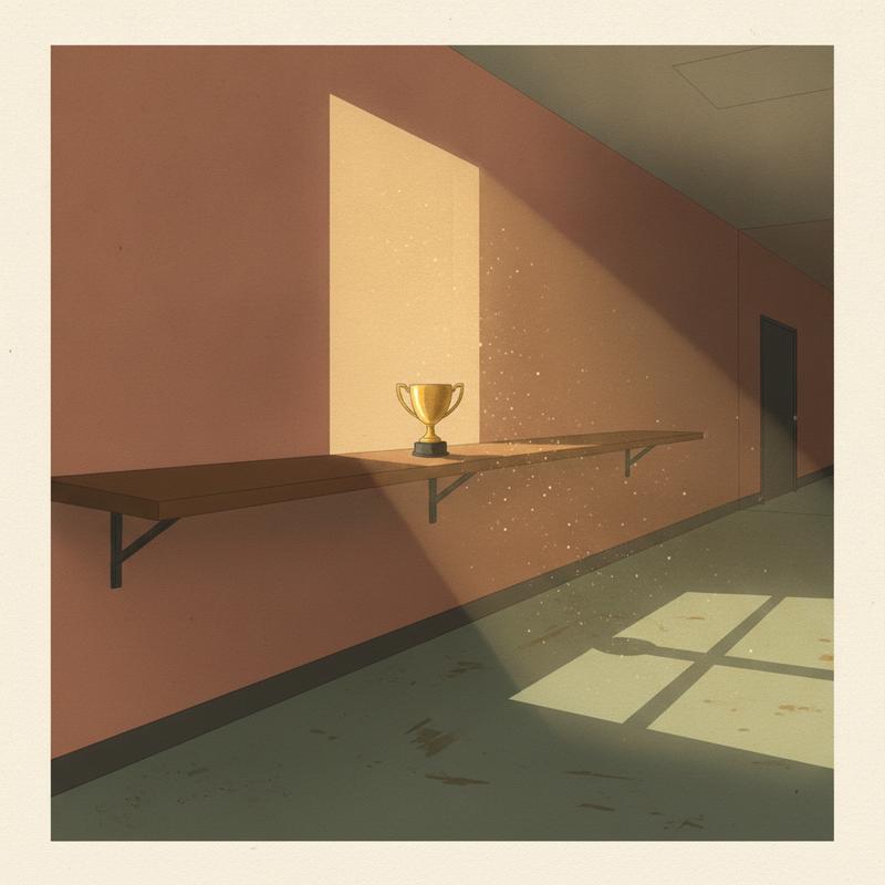 A single small gold trophy alone on an empty office shelf in a dim corridor, warm cream and terracotta editorial illustration