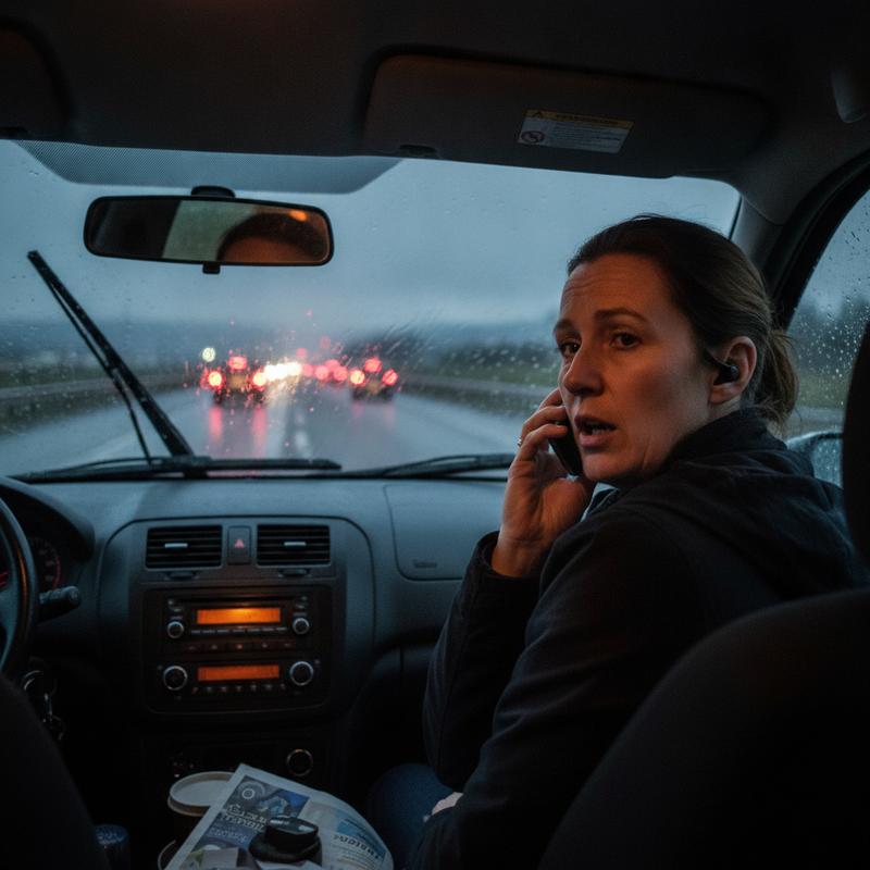A woman stuck in a motorway traffic jam on a rainy morning, talking on the phone with a weary expression as brake lights stretch ahead