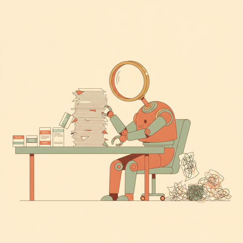 A machine reading documents through a magnifying glass, pulling clean labelled cards from some pages and discarding tangled scribbled ones