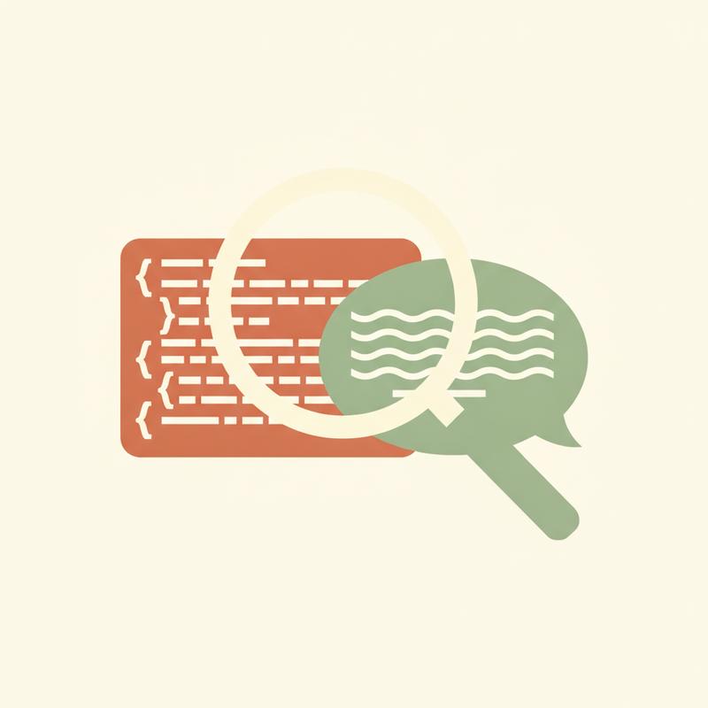 Illustration of a magnifying glass positioned fully over a block of code and only half covering a speech bubble representing feedback