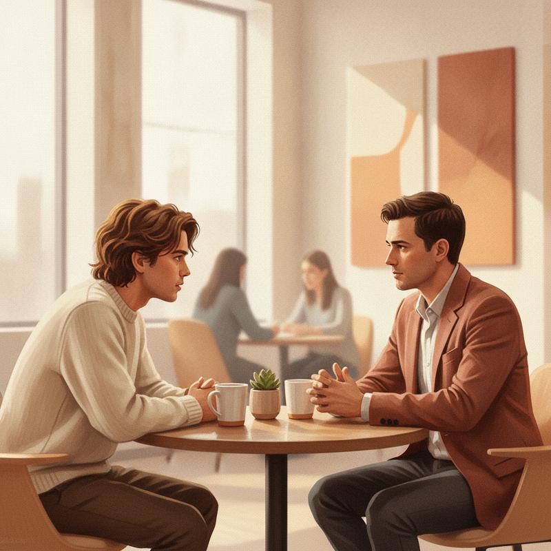 Two people sitting across from each other in a one-on-one conversation, one listening intently