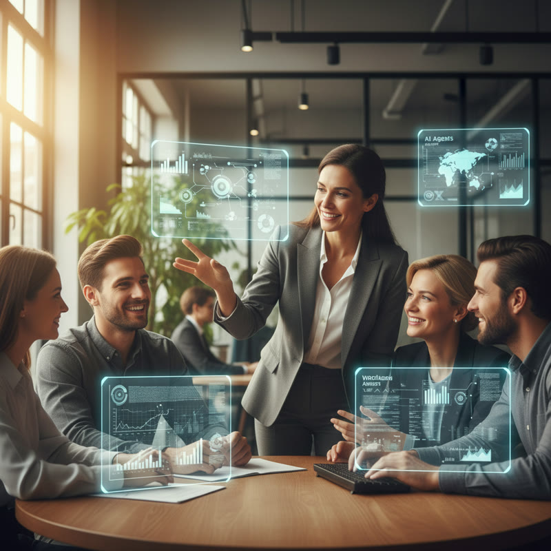 A manager coaching a team engaged with AI agent dashboards in an open, collaborative atmosphere