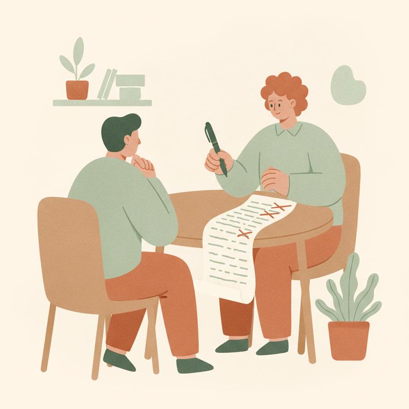 Two colleagues at a desk in honest conversation while one draws a firm line through half the items on a long task list