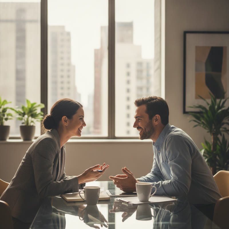 A manager and employee in genuine conversation, what real performance feedback looks like