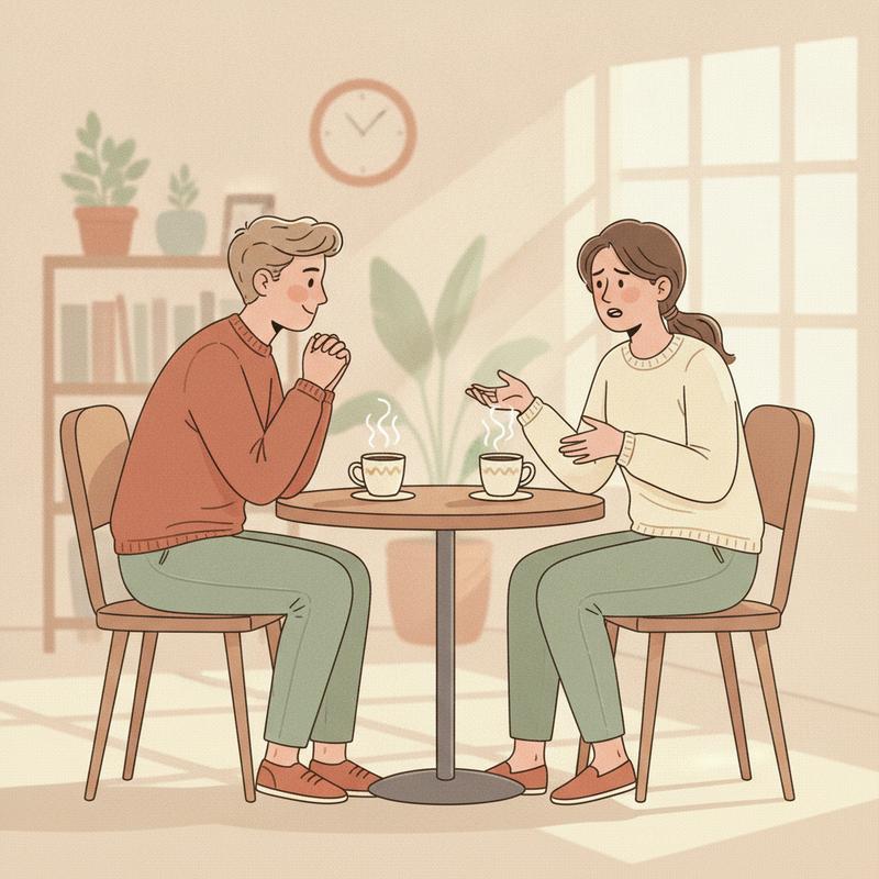 A manager leans in and listens as a colleague talks openly about a concern over coffee at a small table