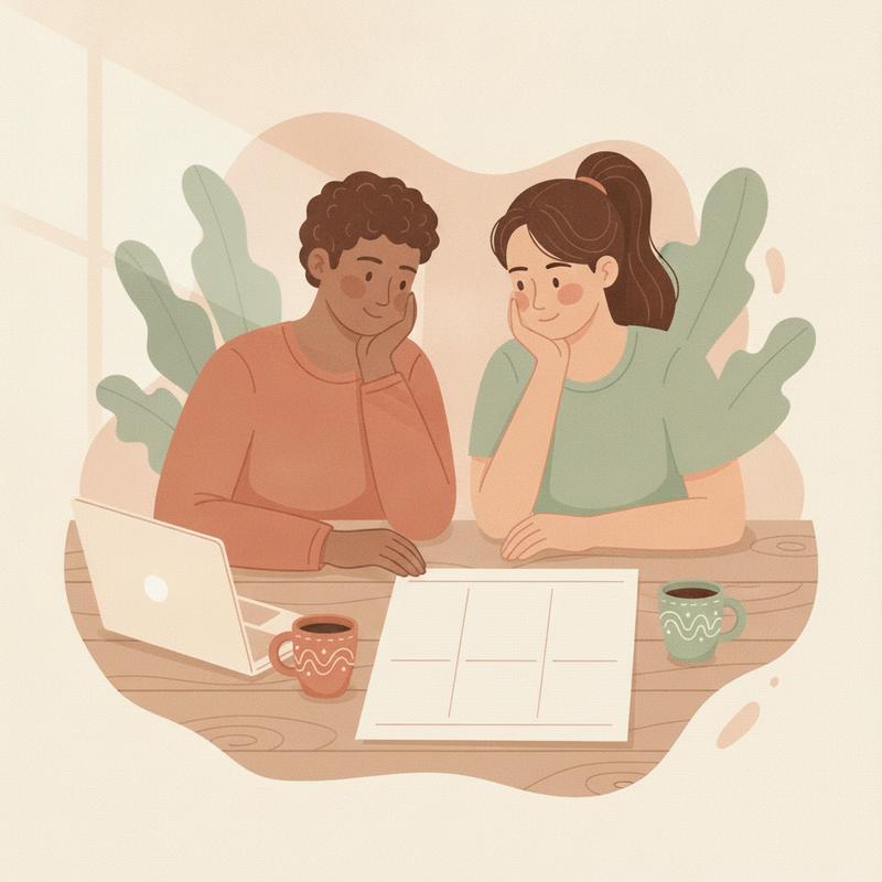 A manager and an engineer sit side by side at a wooden table looking at the same scorecard, coffee mugs beside them