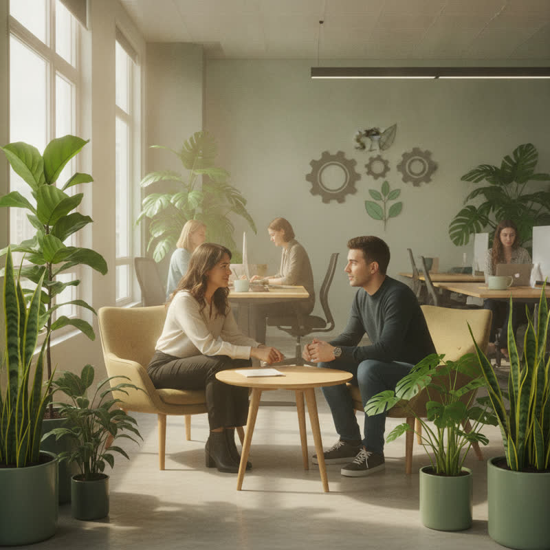 A manager and team member having a genuine one-on-one conversation in a calm, plant-filled office