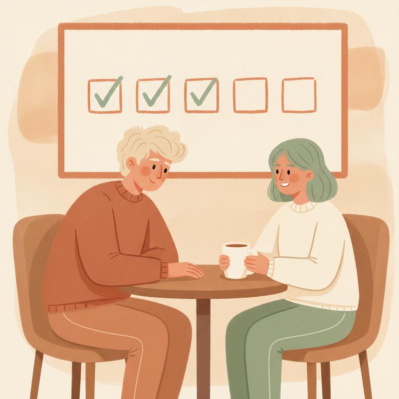 A manager and a team member talking over coffee at a small table, a whiteboard behind them showing five boxes with three ticked and two empty