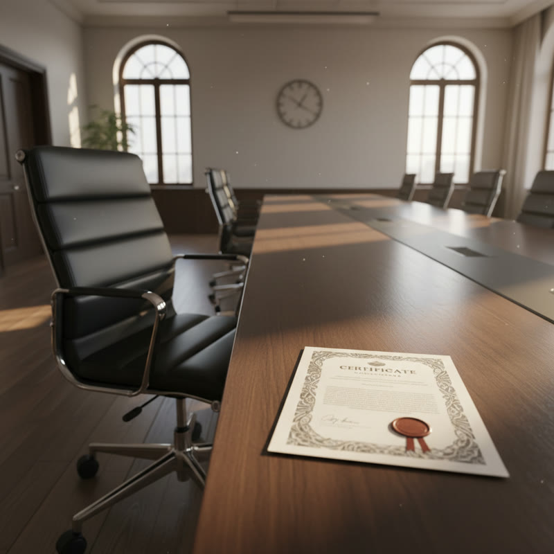 An empty chair at the head of a conference table, a certificate sitting on the desk beside it