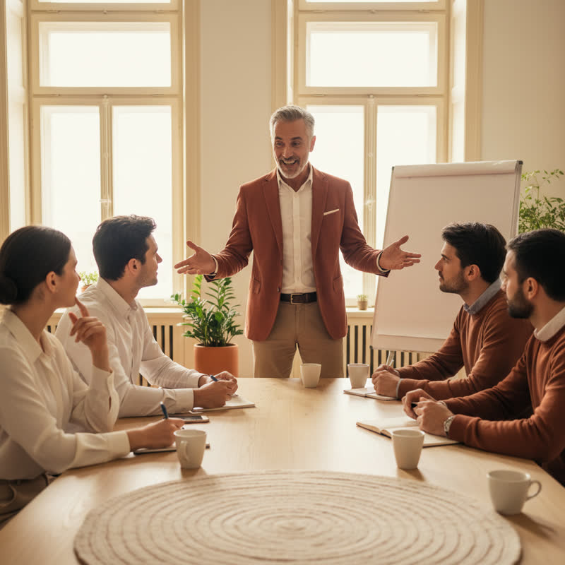 A business meeting where an older manager speaks enthusiastically while younger team members exchange knowing glances