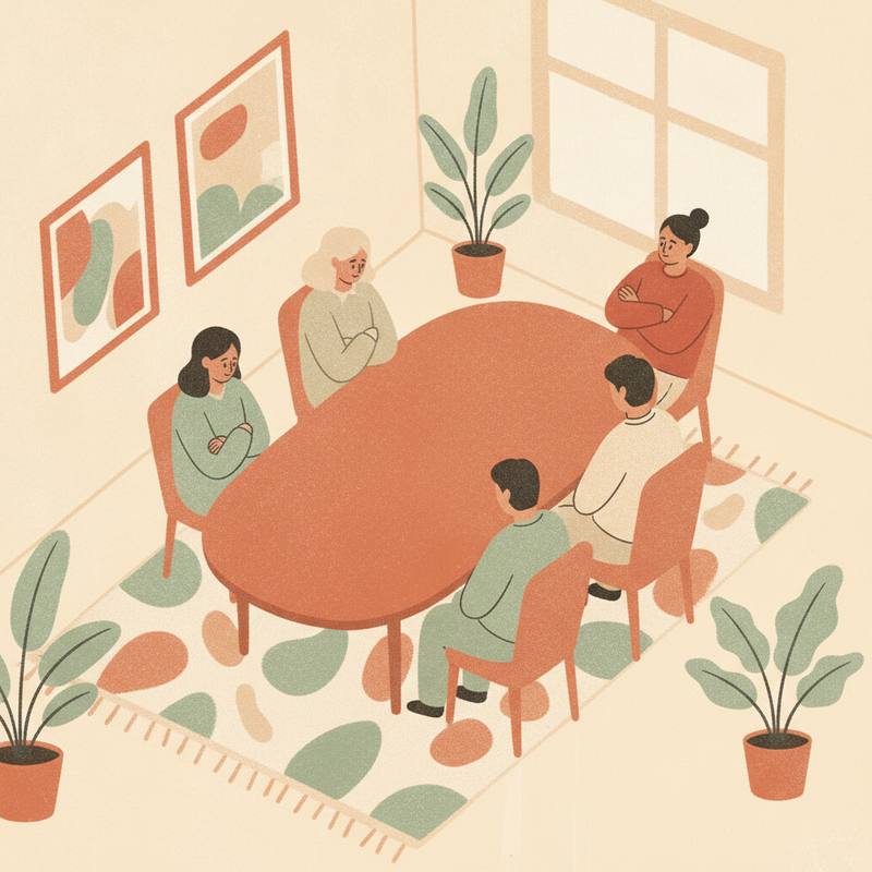 Six people around a meeting table, five nodding politely while one sits back with folded arms, warm editorial illustration