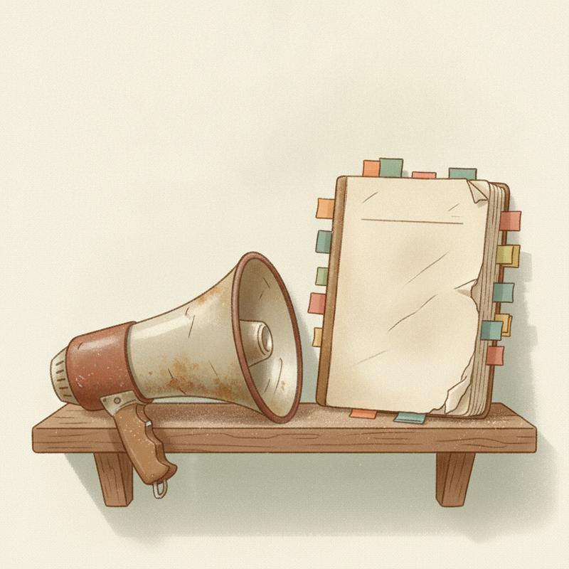 A dusty megaphone sitting idle on a shelf beside a worn notebook full of colourful sticky tabs