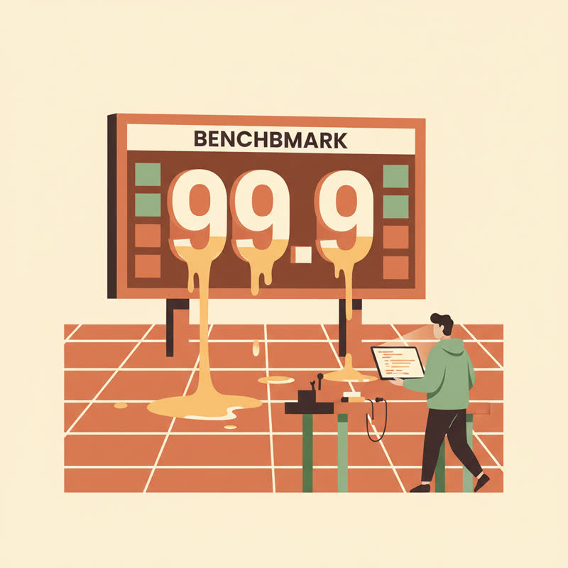 A scoreboard with melting digits while a developer walks toward a laptop on a workbench
