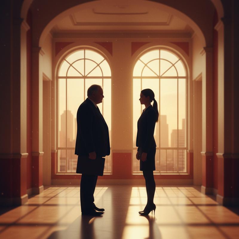 A silhouette of an older mentor pausing in an office hallway to talk with a younger employee at the end of the workday
