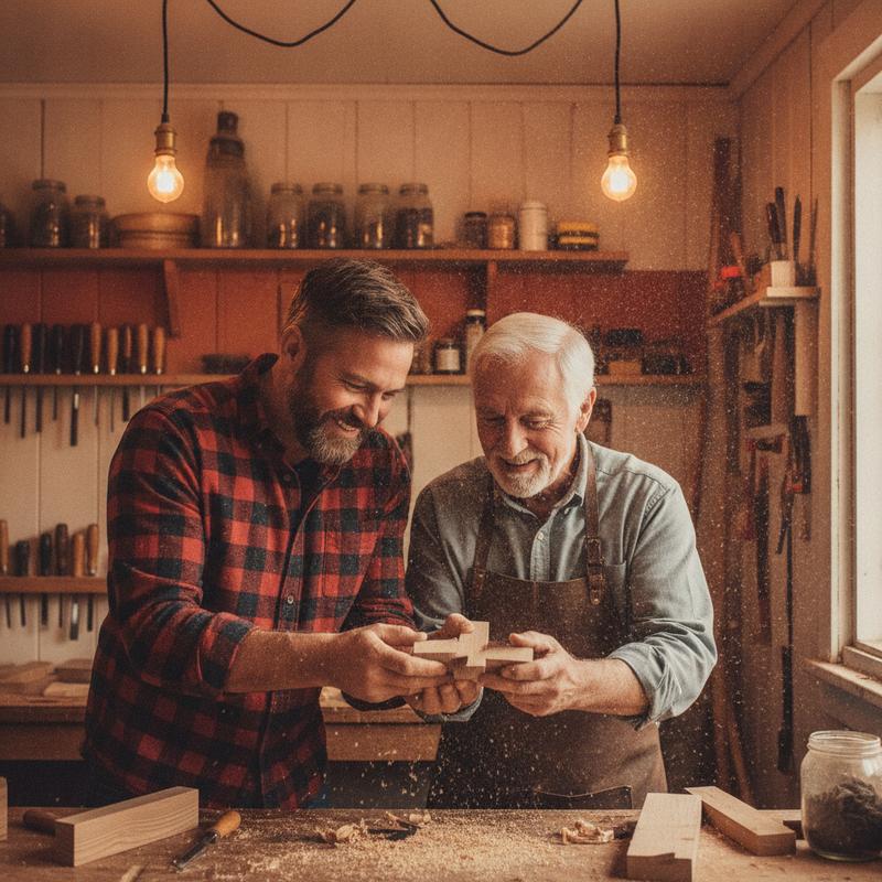A man in a flannel shirt leans in with interest as an older craftsman shows him how a dovetail joint fits together