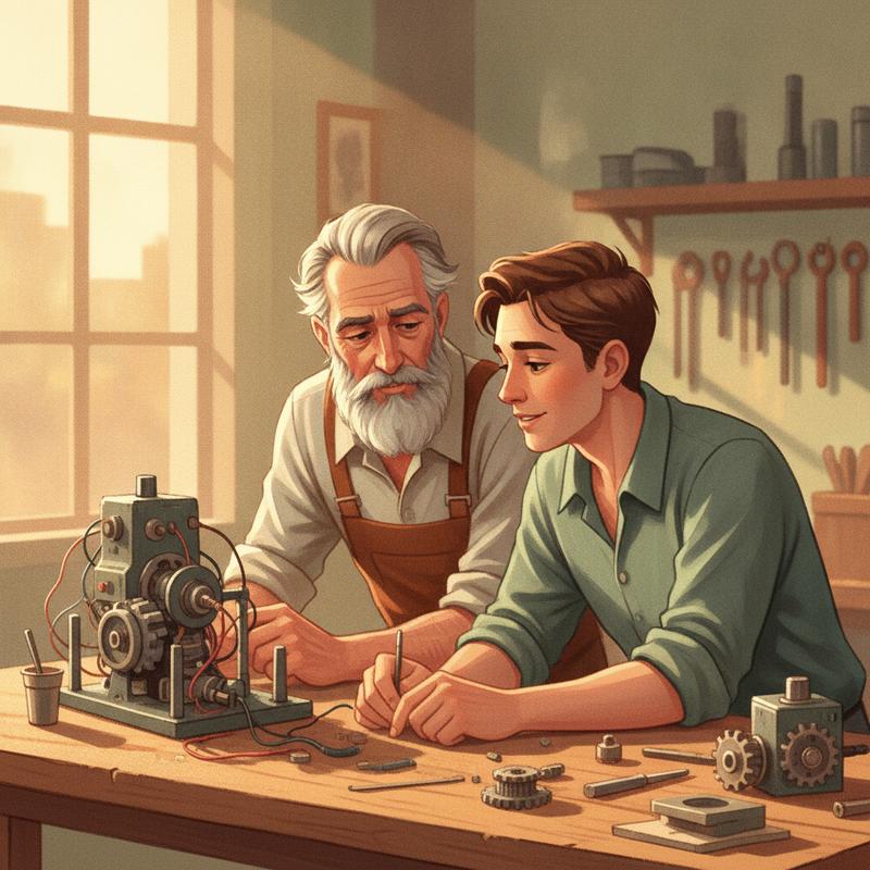 An older mentor and a younger worker leaning over a workbench together, examining a half-built machine in warm afternoon light