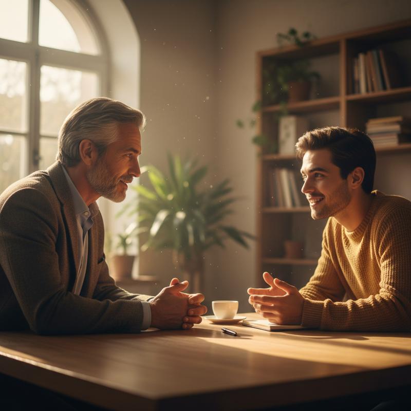 Two people in genuine conversation over coffee, one leaning forward with real attention, warm afternoon light