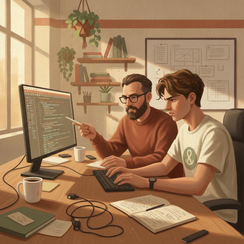 Two engineers, one senior and one junior, working side by side at a desk in warm afternoon light