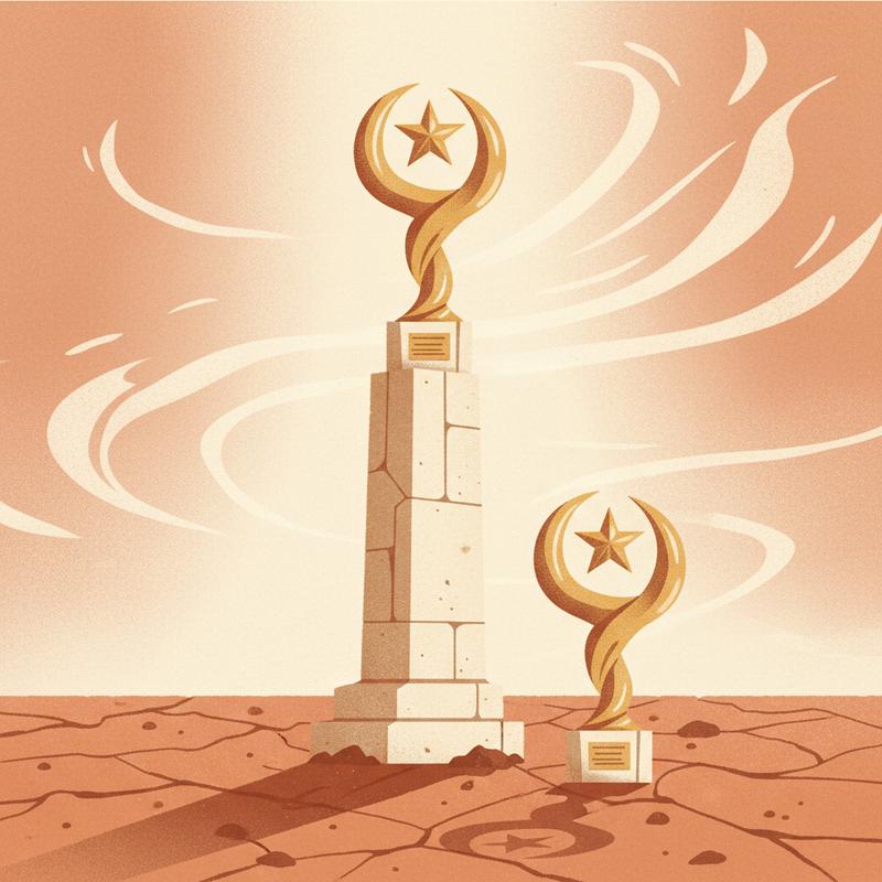 Two identical trophies, one elevated on a tall pedestal and one sitting on the ground