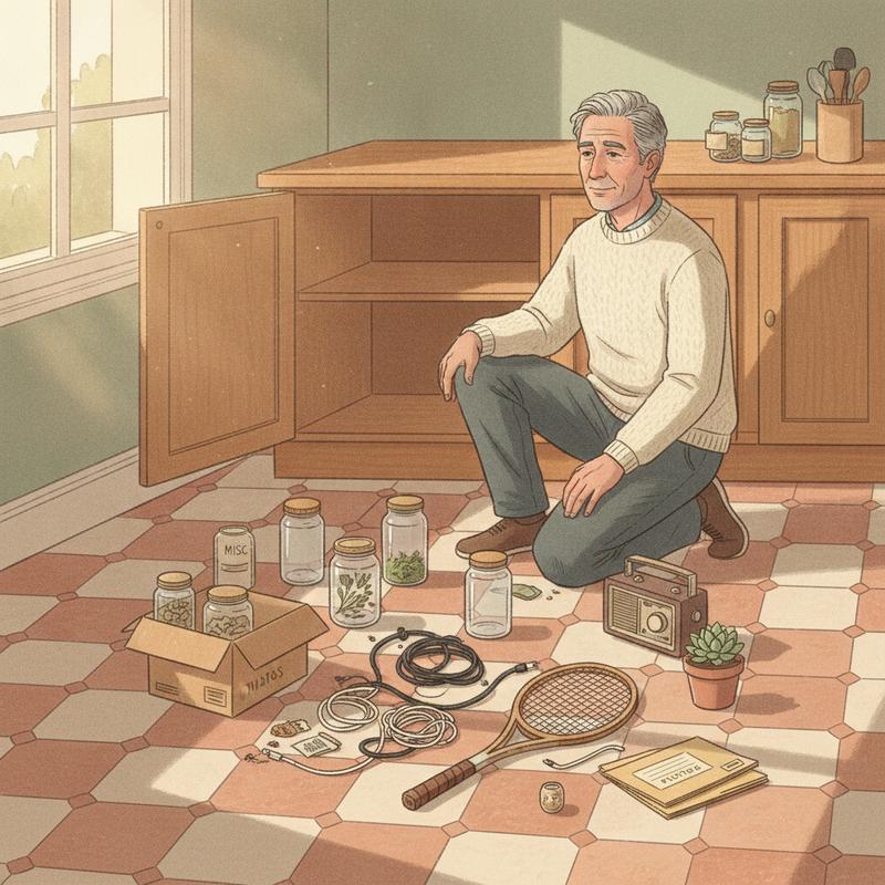 A man kneeling on a kitchen floor beside an emptied cupboard, its contents spread across the tiles around him