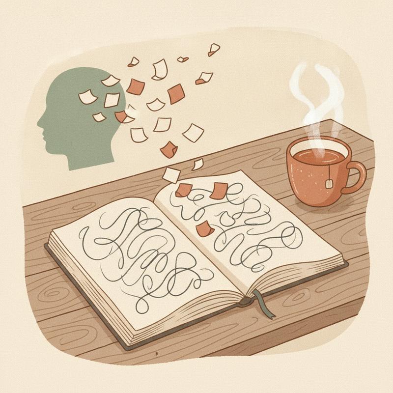 An open notebook on a wooden table with scraps of paper floating from a silhouetted head into its pages, beside a cup of tea