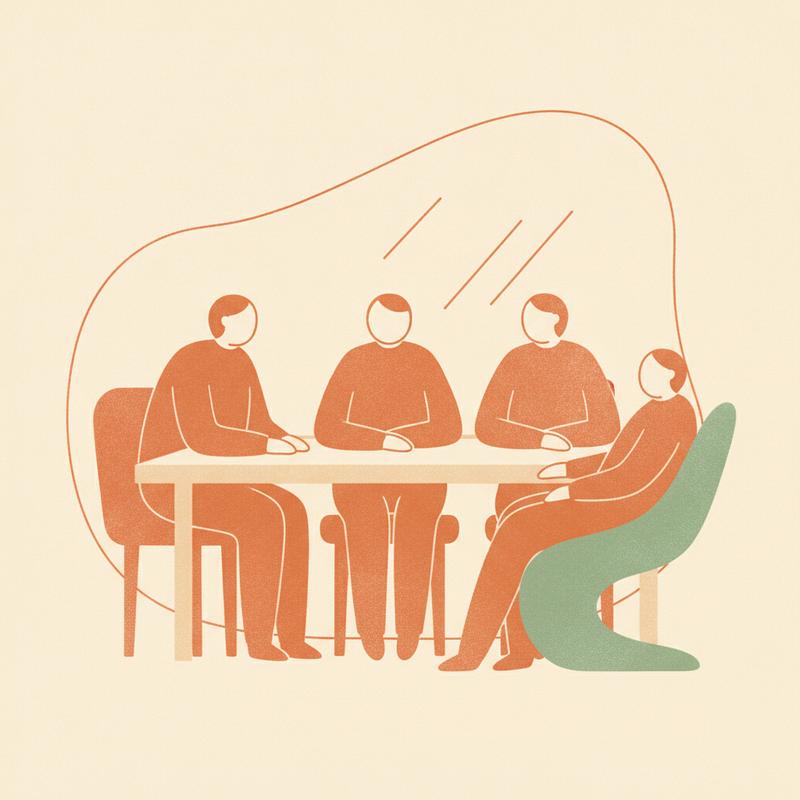 Three interviewers sitting in identical posture with a mirror shape behind them, facing one candidate in a differently shaped chair