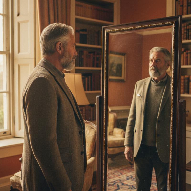 A weathered older man stands in front of an antique full-length mirror in a warm-lit study, gazing at his reflection in quiet thought