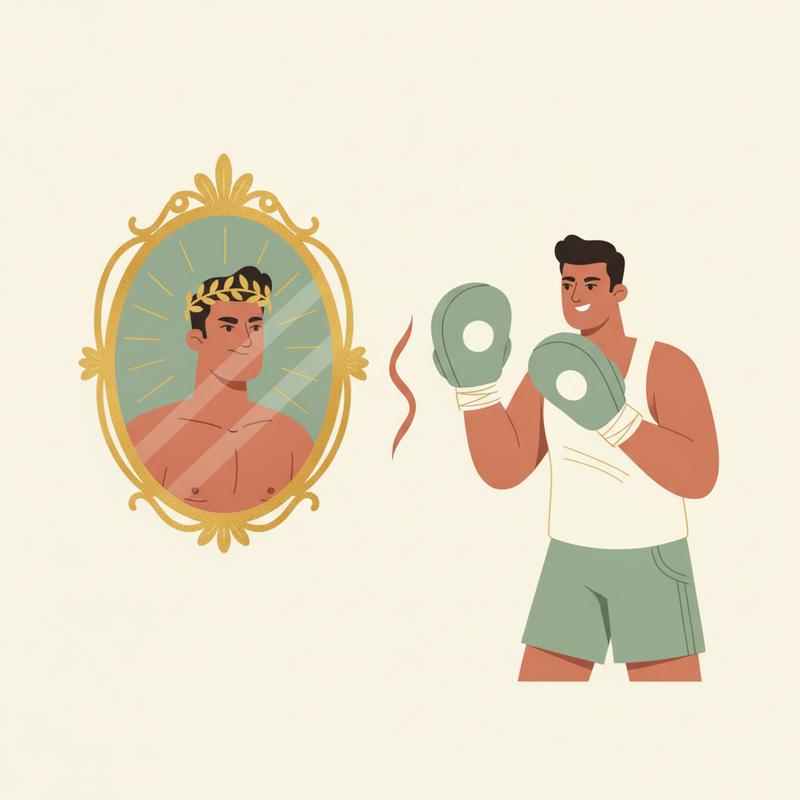 A flattering golden mirror on one side, a friendly boxing coach holding sparring pads on the other