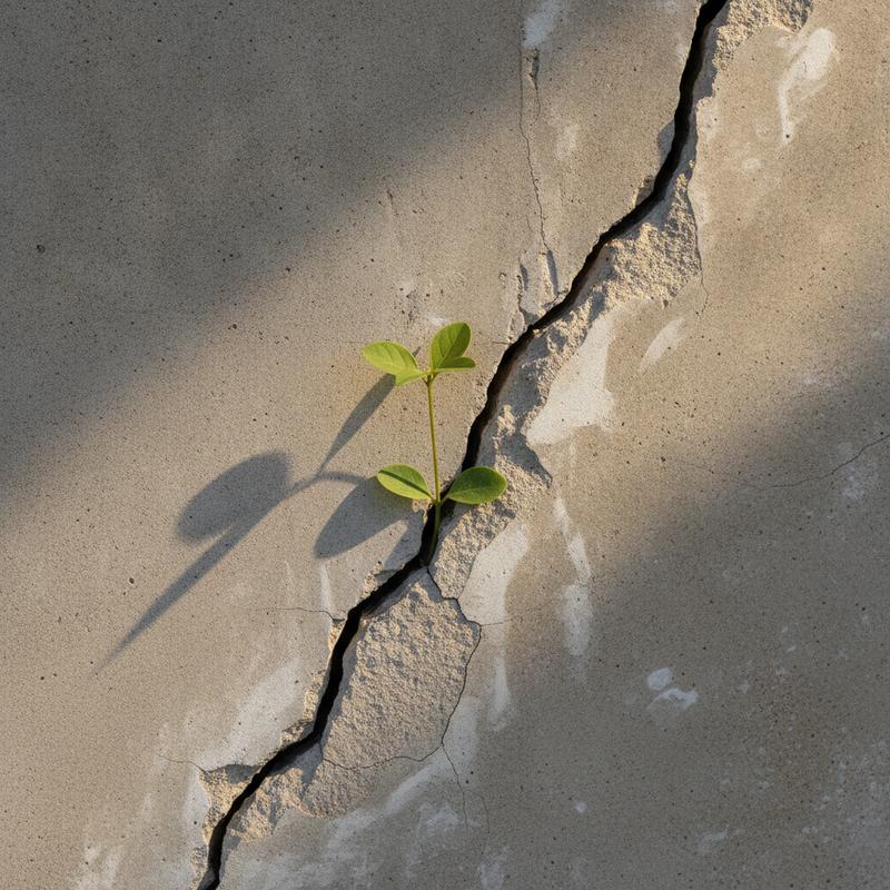 A crack in concrete with a small green plant growing through it, symbolizing broken trust and resilience