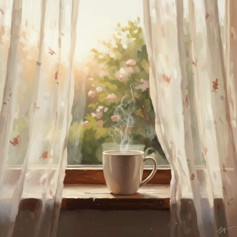 A steaming mug of coffee on a wooden windowsill with soft morning light