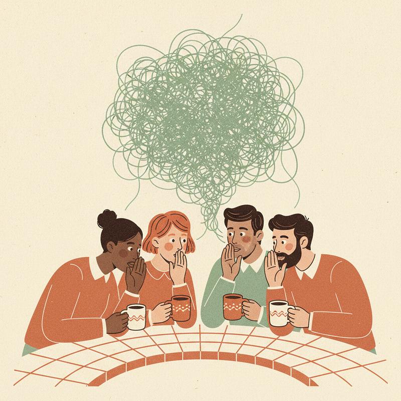 Four colleagues clustered around an office kitchen counter, heads leaned in, mid-whisper