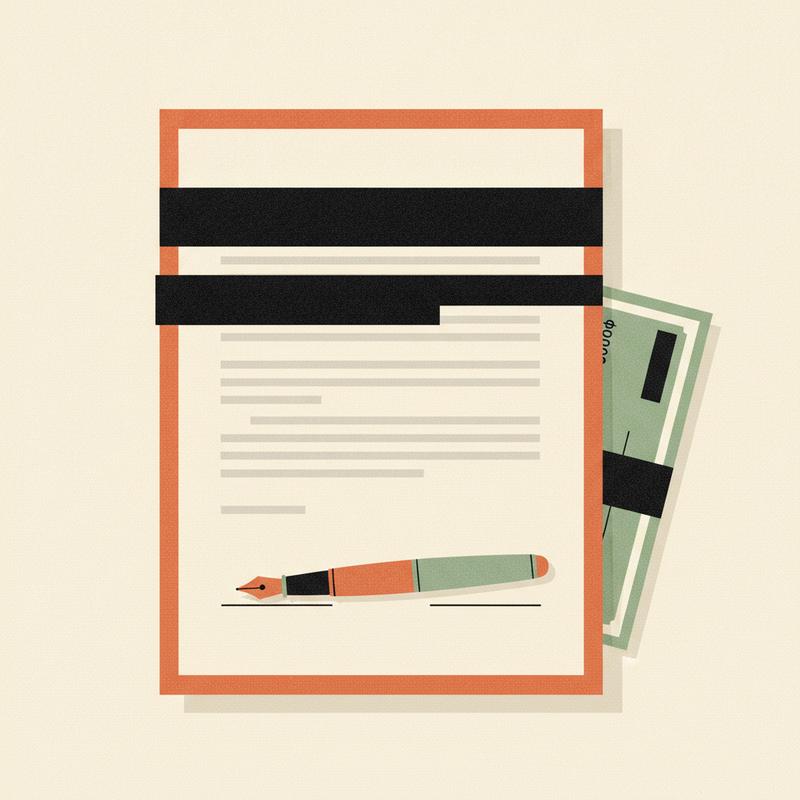 A legal document covered almost entirely in thick black redaction bars with a fountain pen resting on the signature line