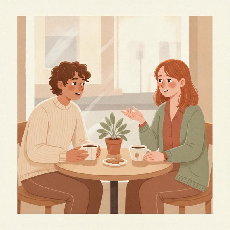 Two colleagues sit across a cafe table with mugs of coffee having an honest conversation, one leaning in to listen