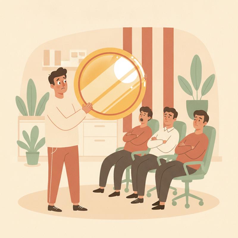 A nervous new manager holds up an oversized shiny badge toward three team members who sit back with arms folded