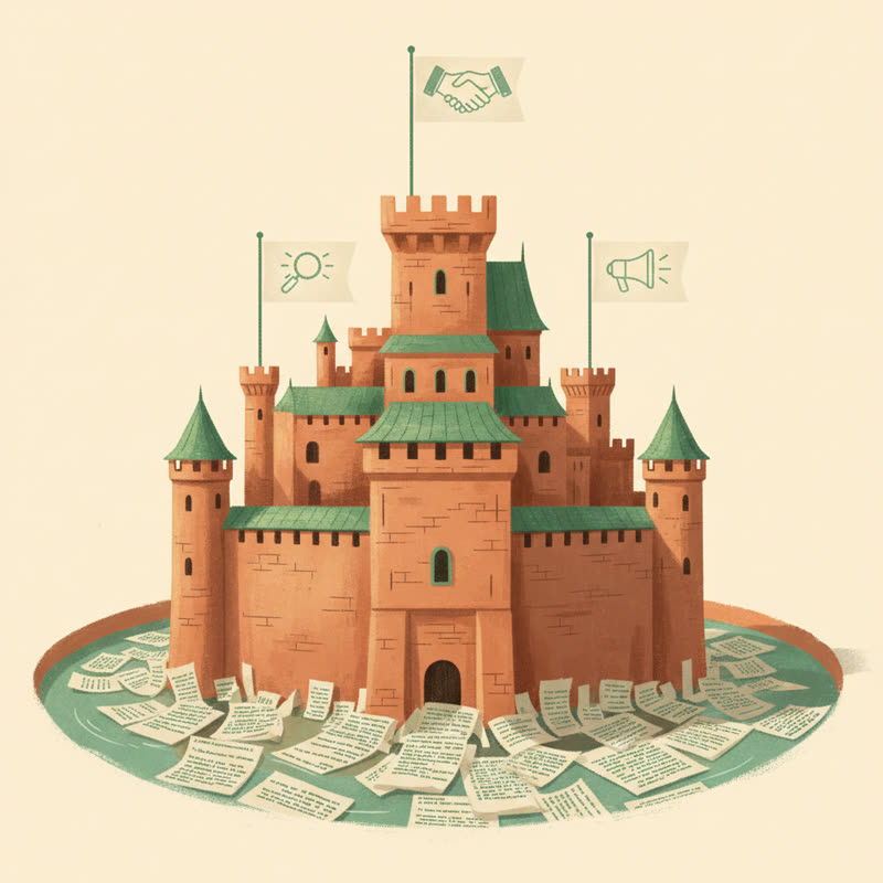 A medieval moat draining away, replaced by flags representing insight, trust and distribution