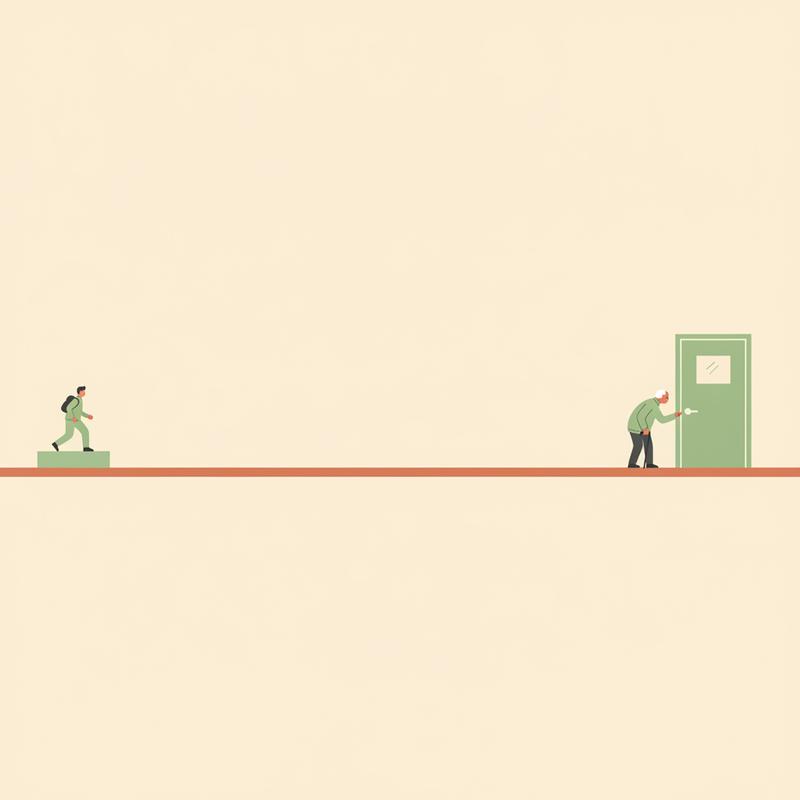 A minimal timeline showing a young figure stepping onto a platform at one end and a much older figure reaching a classroom door at the far end
