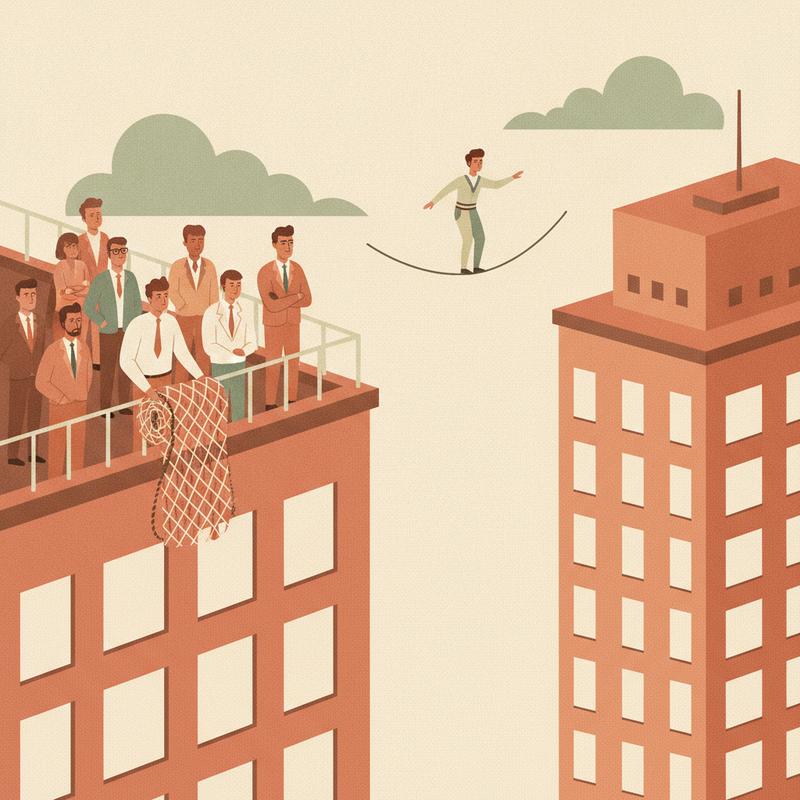 A tightrope walker crosses between two towers while executives watch from a balcony holding an unopened safety net