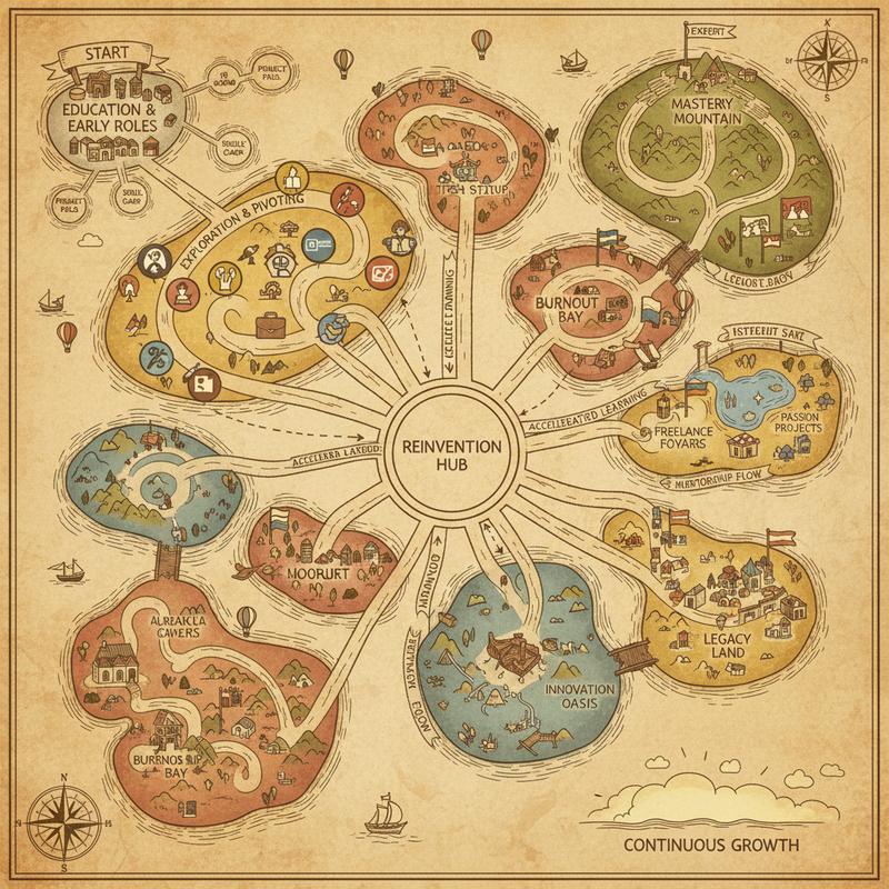 A winding, non-linear career path viewed from above like a hand-drawn map