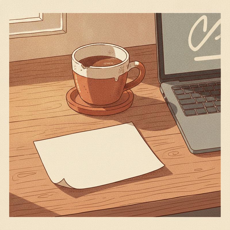 A handwritten note card resting on a wooden desk beside a coffee mug and a laptop in afternoon light