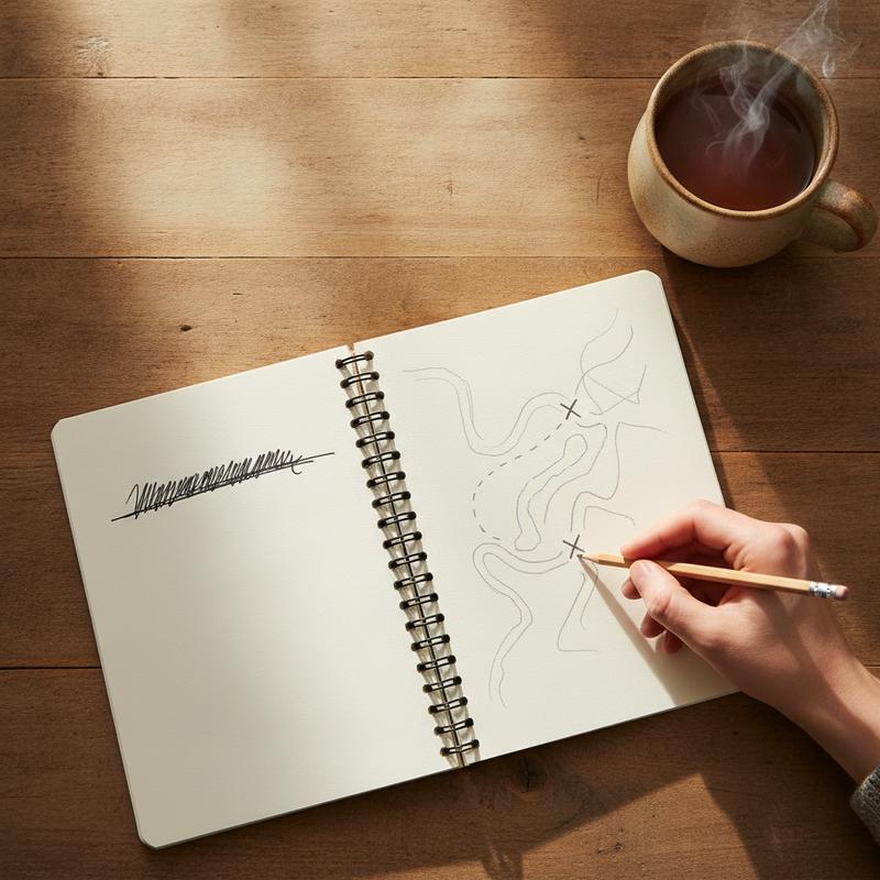 An open notebook on a wooden table with a crossed-out sentence on one page and a hand drawing a new pencil route around a blocked road on the other
