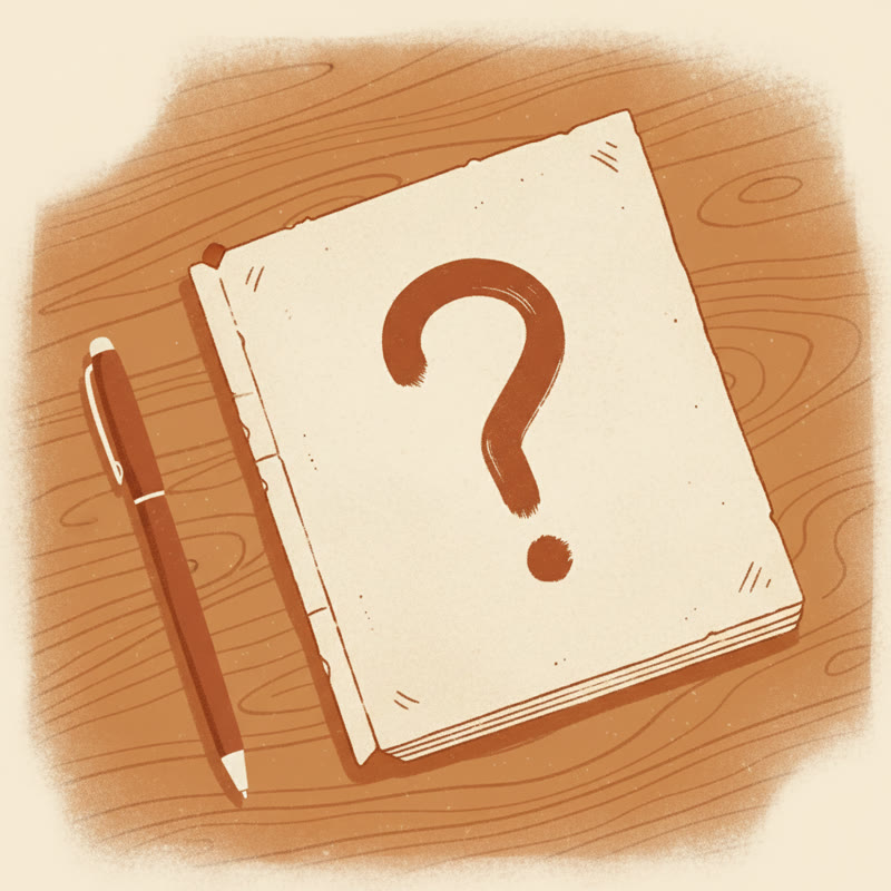 A notebook with a question mark on a desk