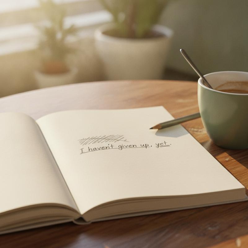 An open notebook on a cafe table with a crossed out line and a new handwritten line ending in the word yet, beside a green mug of coffee
