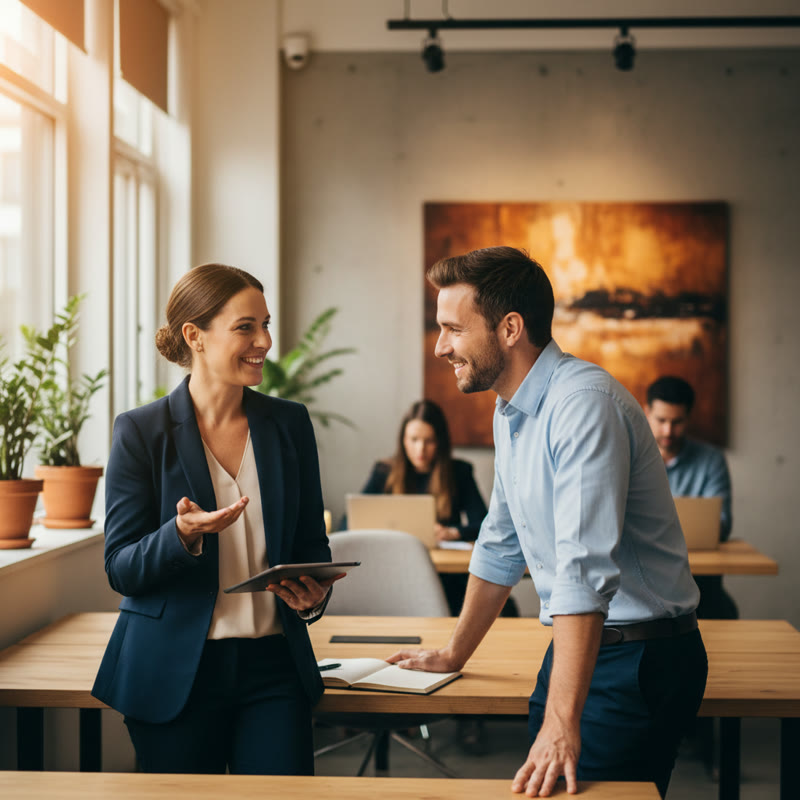 Two professionals having a genuine, strategic conversation in a modern office